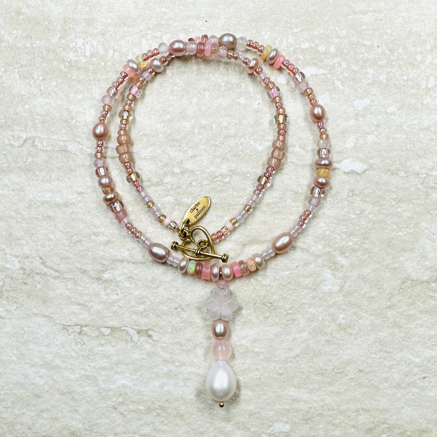 Angel Opal, Rose Quartz and Pearl Necklace