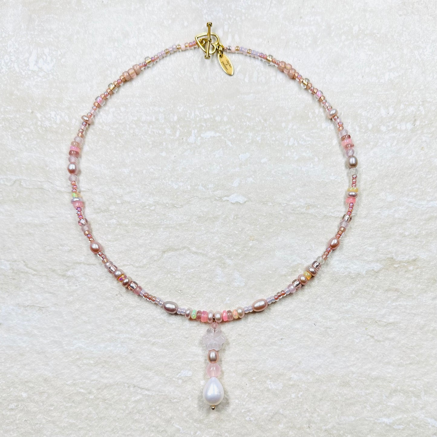 Angel Opal, Rose Quartz and Pearl Necklace