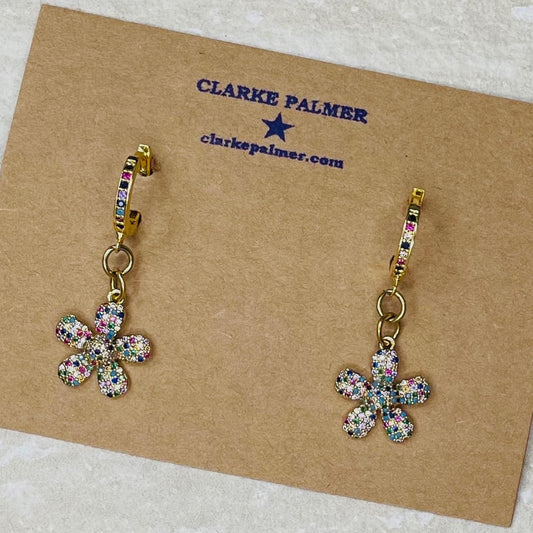 Clarke Palmer Rainbow CZ 24kt Gold Daisy Drop hoop Earrings