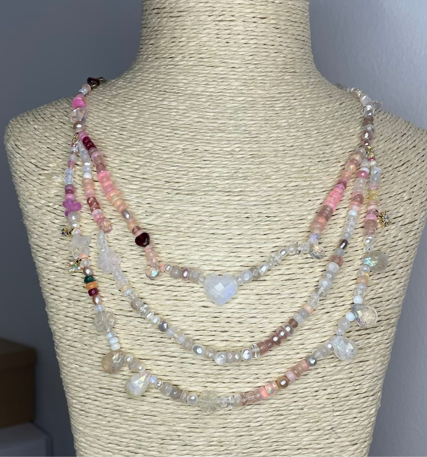 Rainbow Moonstone, Opal, Ruby & Pearl Everything Necklace