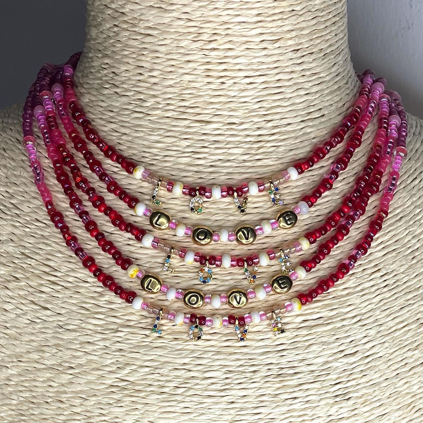 LOVE Red, Pink & Pearl Beaded Necklace
