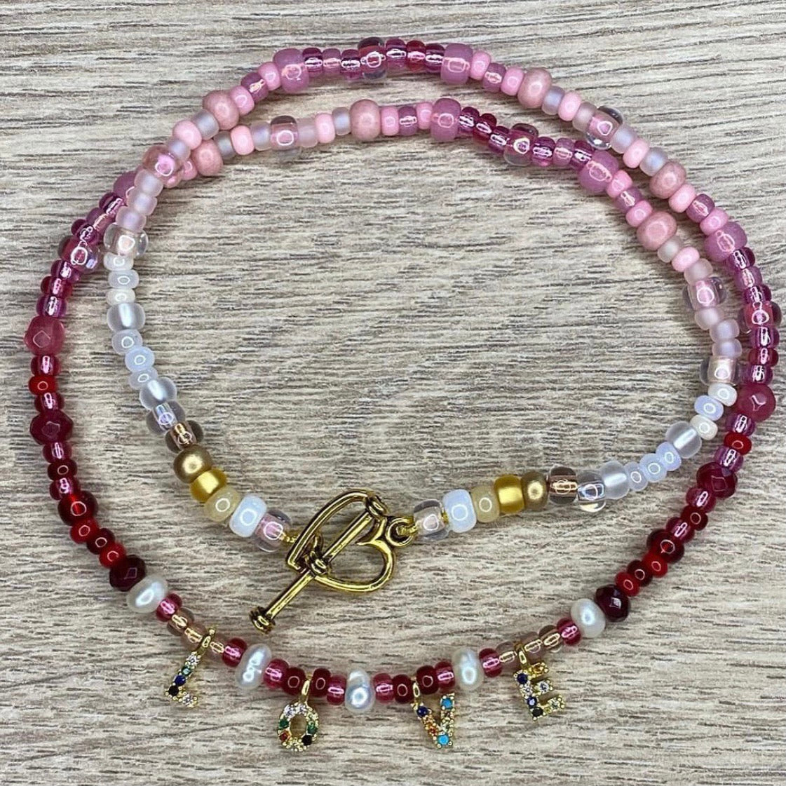 LOVE Red, Pink & Pearl Beaded Necklace