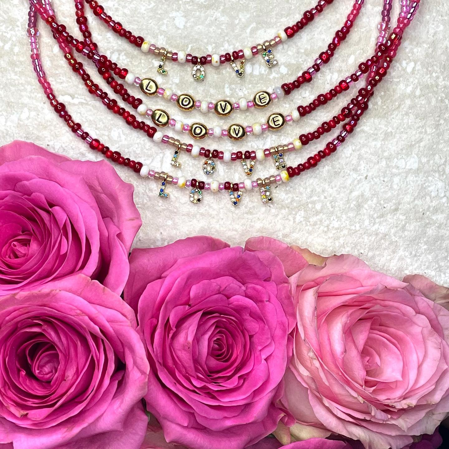 LOVE Red, Pink & Pearl Beaded Necklace