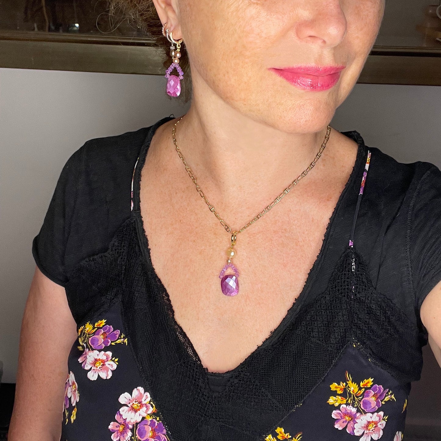 Ruby Moonstone and Pearl 'Peony' Earrings