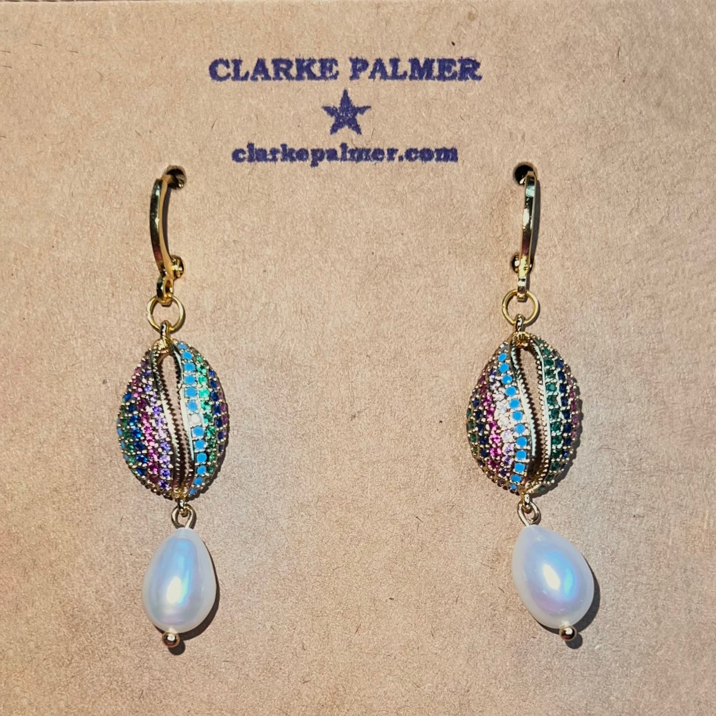 Rainbow CZ Cowrie Shell and Drop Pearl Earrings