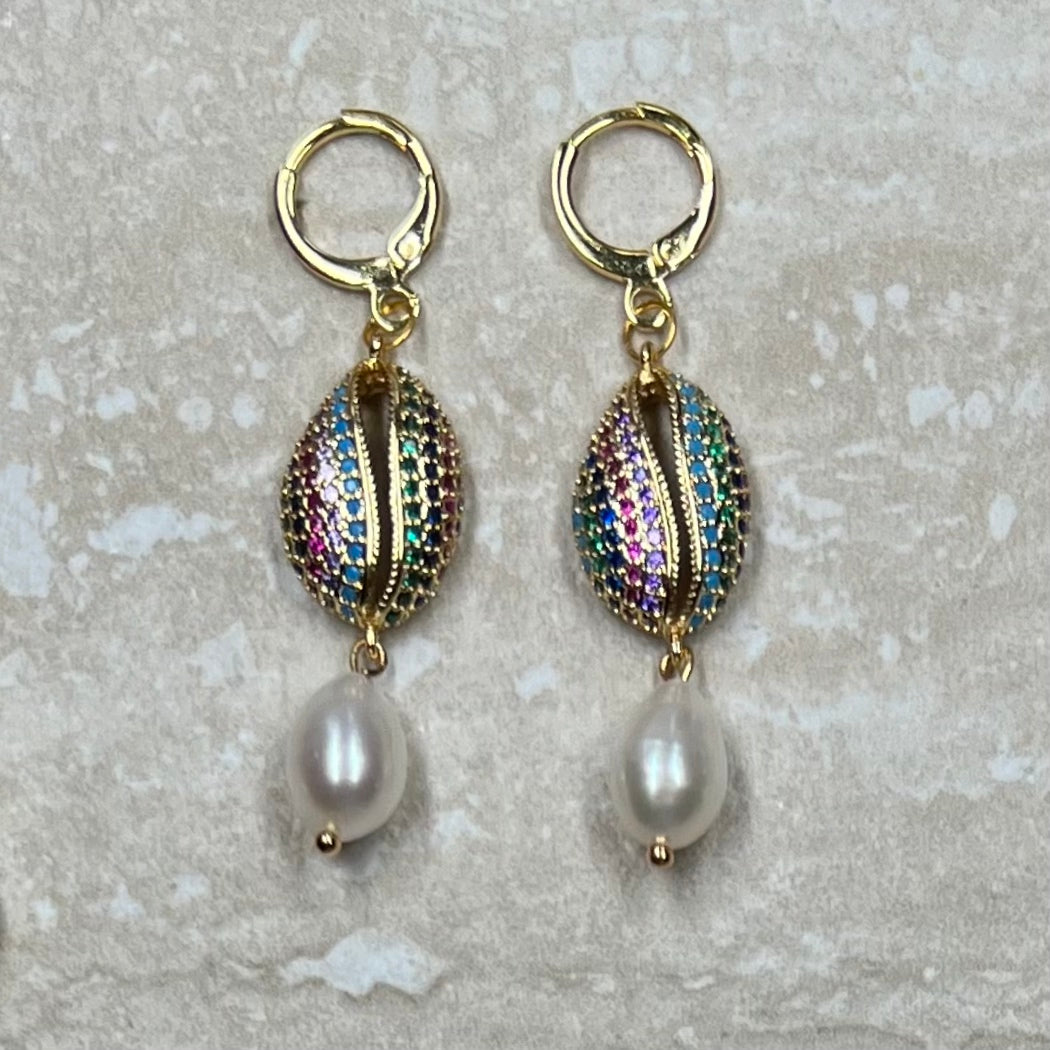 Rainbow CZ Cowrie Shell and Drop Pearl Earrings