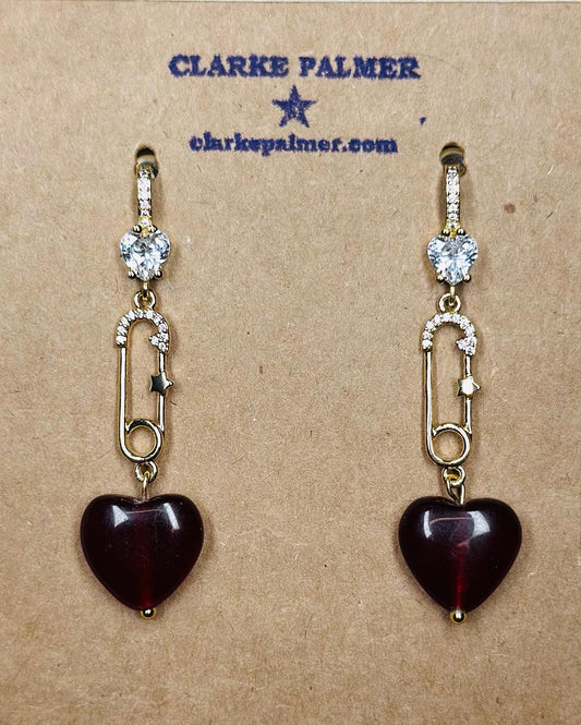 Safety Pin Drop Chalcedony Heart Earrings