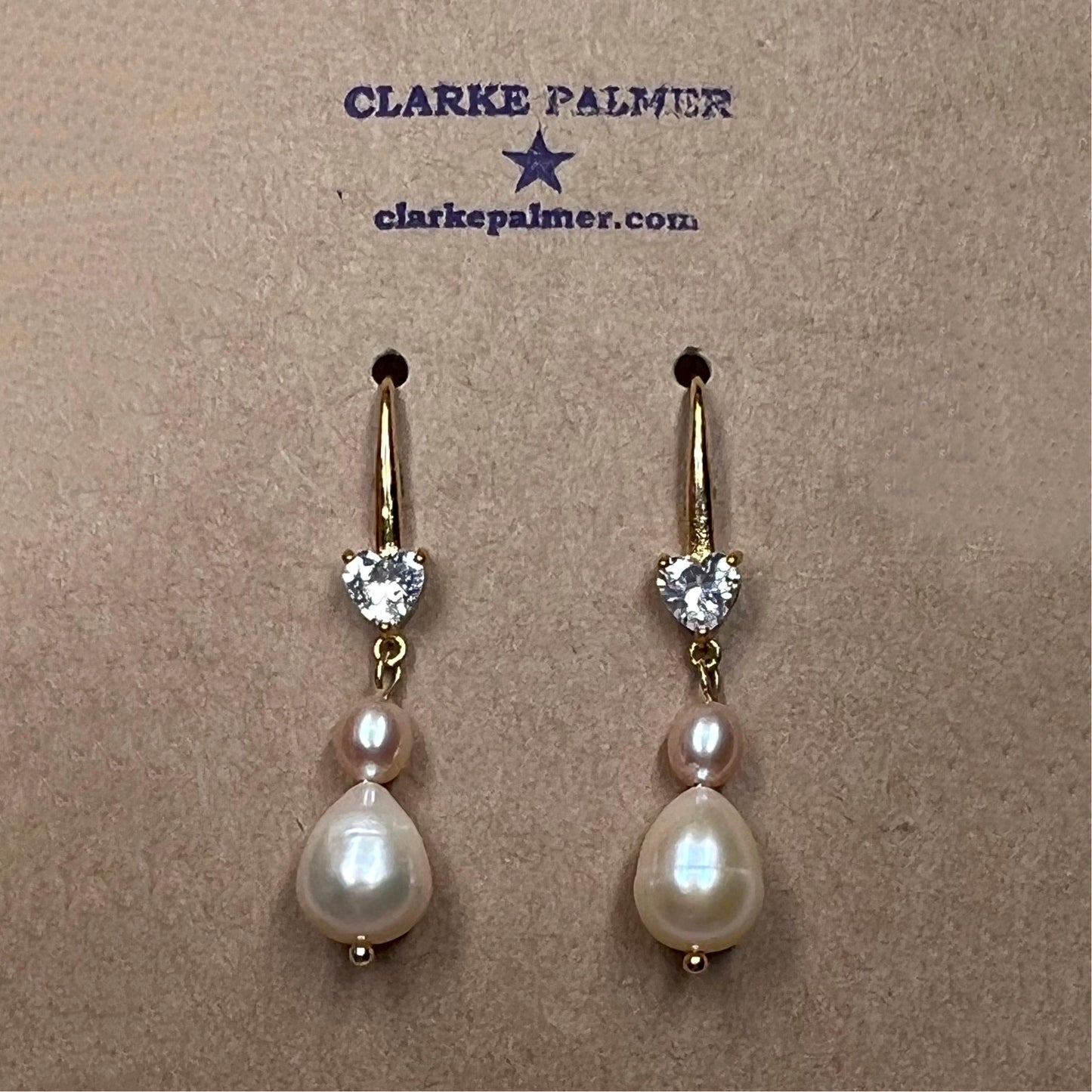 Pearl Drop and CZ Heart Earrings