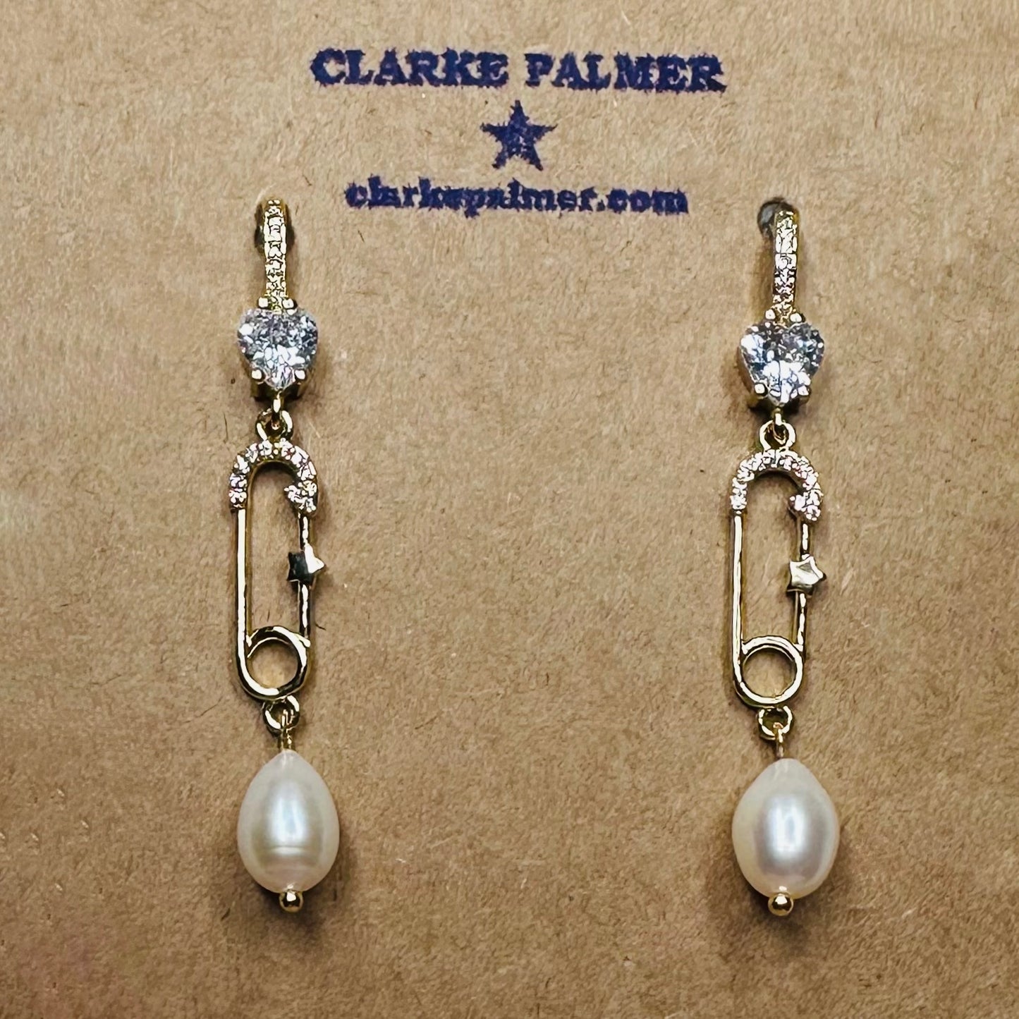 Safety Pin and Star and Drop Pearl Earrings