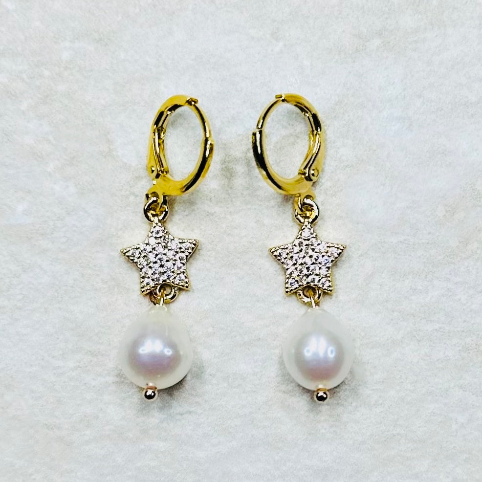 CZ Star Drop Pearl Earrings