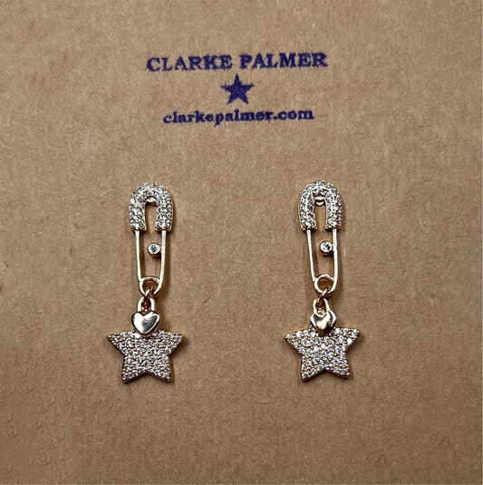 Star and Heart CZ Safety Pin Earrings